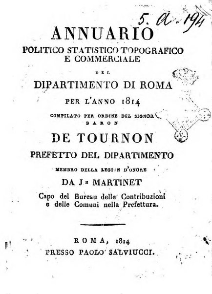Annuario politico, statistico, topografico e commerciale del Dipartimento di Roma per l'anno ...