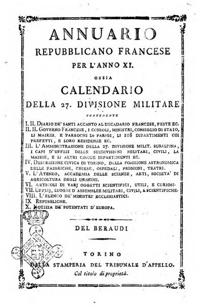 Annuario repubblicano francese ... ossia calendario della 27. Divisione militare