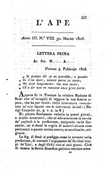 L'ape scelta di opuscoli letterari e morali estratti per lo piu da fogli periodici oltramontani