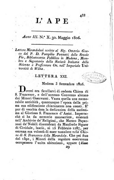 L'ape scelta di opuscoli letterari e morali estratti per lo piu da fogli periodici oltramontani