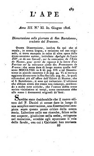 L'ape scelta di opuscoli letterari e morali estratti per lo piu da fogli periodici oltramontani