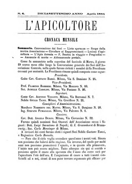 L'apicoltore giornale dell'Associazione centrale d'incoraggiamento per l'apicoltura in Italia