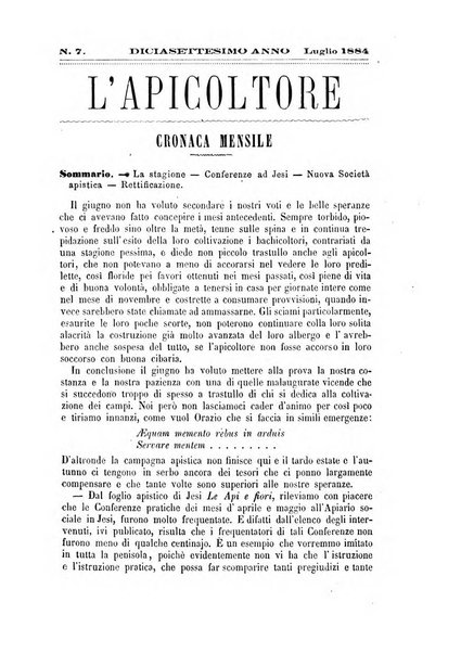 L'apicoltore giornale dell'Associazione centrale d'incoraggiamento per l'apicoltura in Italia