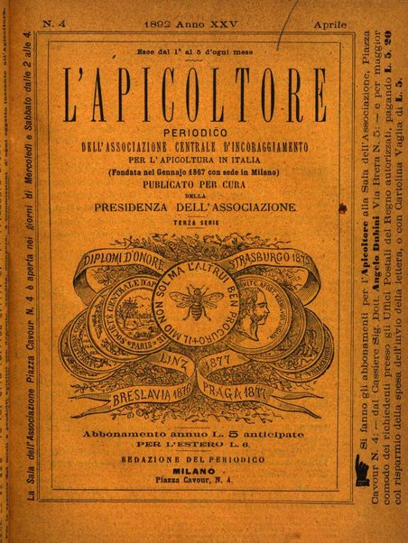 L'apicoltore giornale dell'Associazione centrale d'incoraggiamento per l'apicoltura in Italia