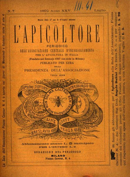 L'apicoltore giornale dell'Associazione centrale d'incoraggiamento per l'apicoltura in Italia