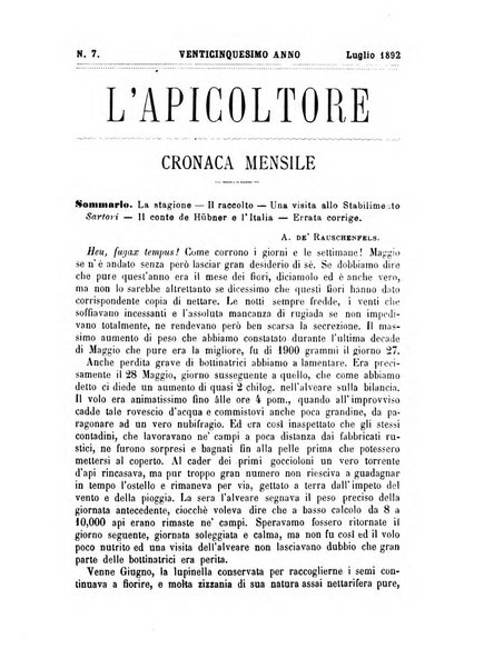 L'apicoltore giornale dell'Associazione centrale d'incoraggiamento per l'apicoltura in Italia