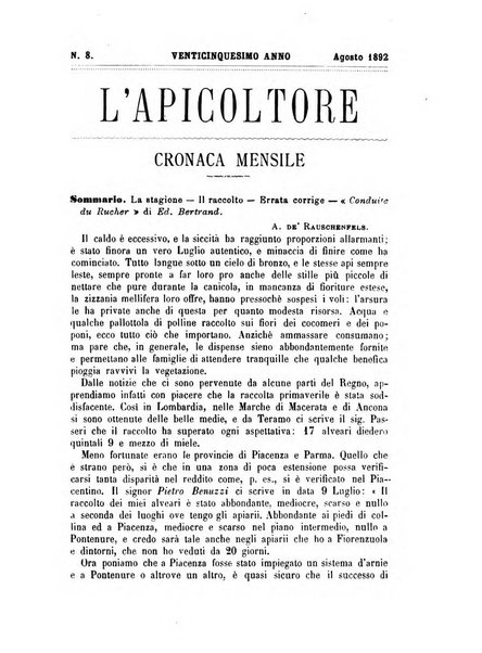 L'apicoltore giornale dell'Associazione centrale d'incoraggiamento per l'apicoltura in Italia