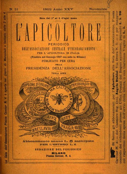 L'apicoltore giornale dell'Associazione centrale d'incoraggiamento per l'apicoltura in Italia