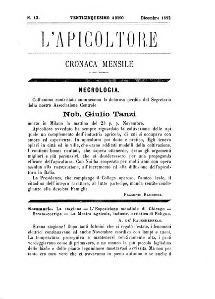 L'apicoltore giornale dell'Associazione centrale d'incoraggiamento per l'apicoltura in Italia