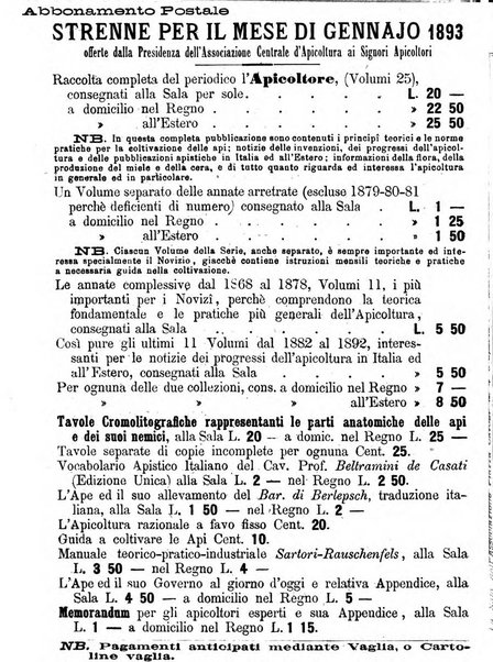 L'apicoltore giornale dell'Associazione centrale d'incoraggiamento per l'apicoltura in Italia