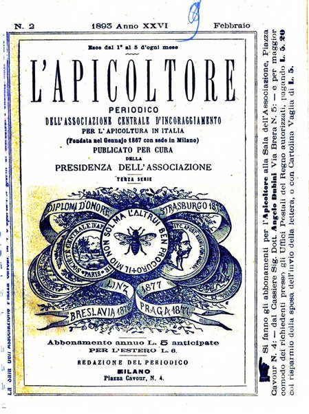 L'apicoltore giornale dell'Associazione centrale d'incoraggiamento per l'apicoltura in Italia