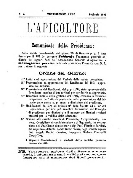 L'apicoltore giornale dell'Associazione centrale d'incoraggiamento per l'apicoltura in Italia