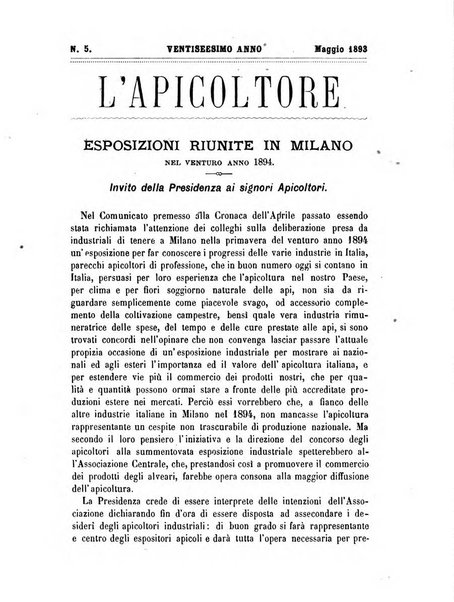 L'apicoltore giornale dell'Associazione centrale d'incoraggiamento per l'apicoltura in Italia