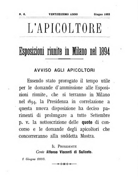 L'apicoltore giornale dell'Associazione centrale d'incoraggiamento per l'apicoltura in Italia