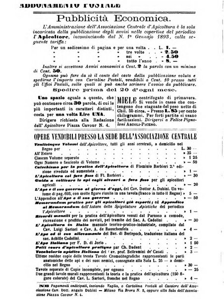 L'apicoltore giornale dell'Associazione centrale d'incoraggiamento per l'apicoltura in Italia