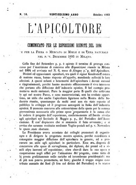 L'apicoltore giornale dell'Associazione centrale d'incoraggiamento per l'apicoltura in Italia