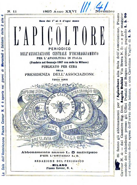 L'apicoltore giornale dell'Associazione centrale d'incoraggiamento per l'apicoltura in Italia