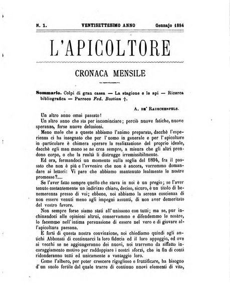 L'apicoltore giornale dell'Associazione centrale d'incoraggiamento per l'apicoltura in Italia