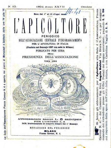 L'apicoltore giornale dell'Associazione centrale d'incoraggiamento per l'apicoltura in Italia