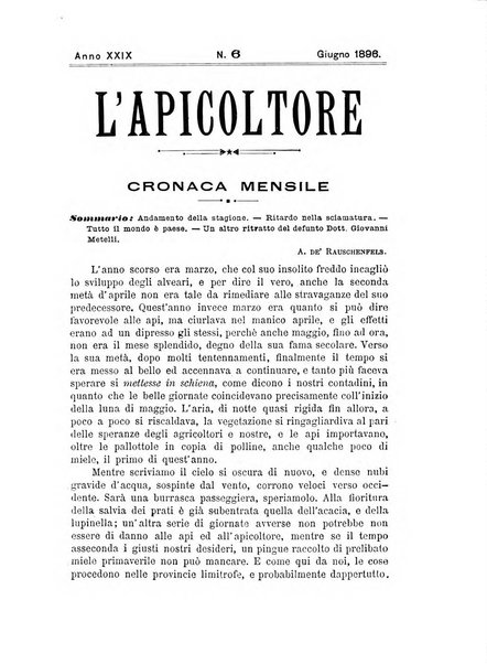 L'apicoltore giornale dell'Associazione centrale d'incoraggiamento per l'apicoltura in Italia