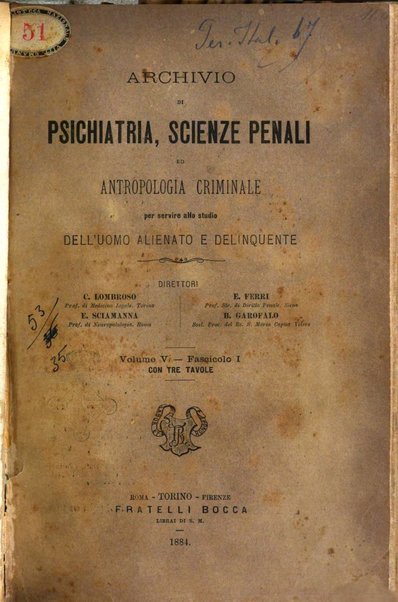 Archivio di psichiatria, scienze penali ed antropologia criminale per servire allo studio dell'uomo alienato e delinquente