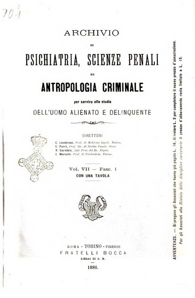 Archivio di psichiatria, scienze penali ed antropologia criminale per servire allo studio dell'uomo alienato e delinquente