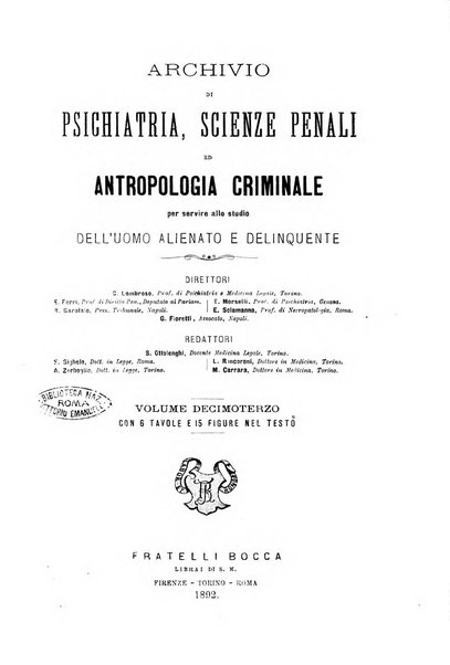 Archivio di psichiatria, scienze penali ed antropologia criminale per servire allo studio dell'uomo alienato e delinquente