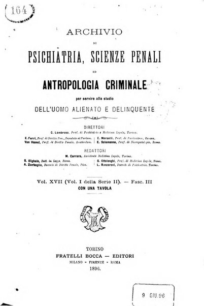 Archivio di psichiatria, scienze penali ed antropologia criminale per servire allo studio dell'uomo alienato e delinquente