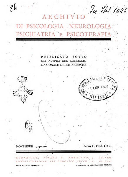 Archivio di psicologia, neurologia, psichiatria e psicoterapia