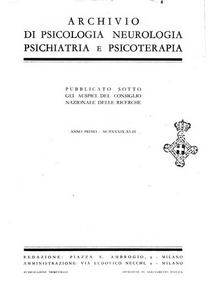 Archivio di psicologia, neurologia, psichiatria e psicoterapia