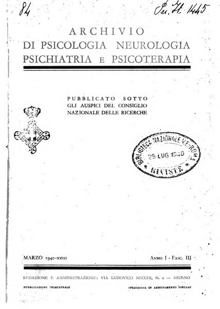 Archivio di psicologia, neurologia, psichiatria e psicoterapia