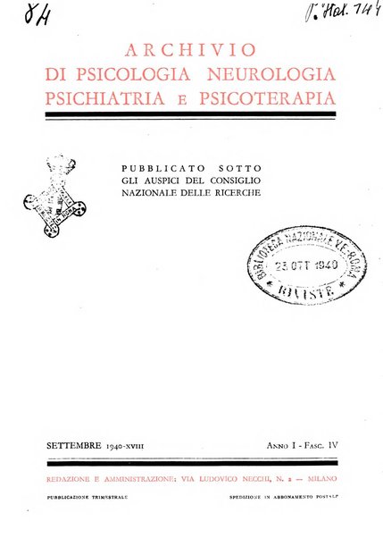 Archivio di psicologia, neurologia, psichiatria e psicoterapia