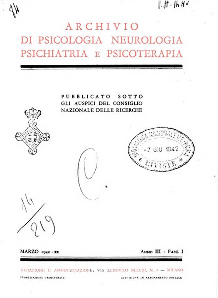 Archivio di psicologia, neurologia, psichiatria e psicoterapia