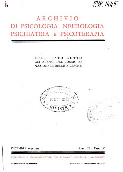 Archivio di psicologia, neurologia, psichiatria e psicoterapia