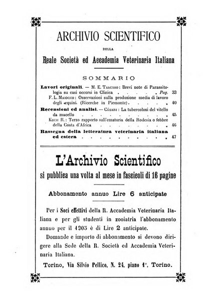 Archivio scientifico della Reale Società ed Accademia veterinaria italiana pubblicazione mensile