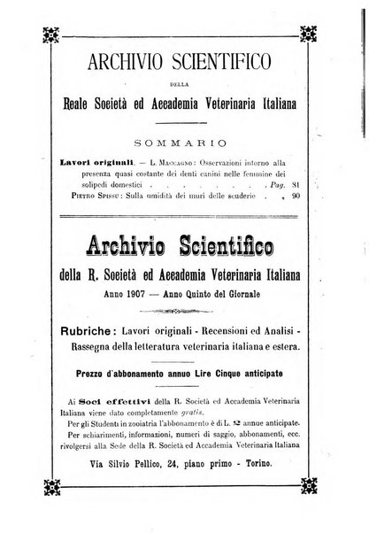 Archivio scientifico della Reale Società ed Accademia veterinaria italiana pubblicazione mensile