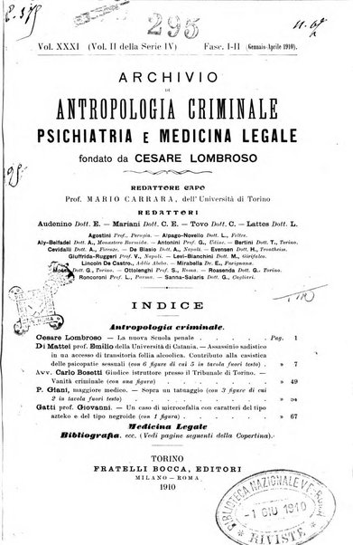 Archivio di antropologia criminale, psichiatria e medicina legale organo ufficiale della Associazione italiana di medicina legale e delle assicurazioni