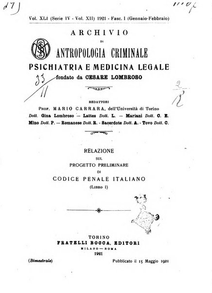 Archivio di antropologia criminale, psichiatria e medicina legale organo ufficiale della Associazione italiana di medicina legale e delle assicurazioni