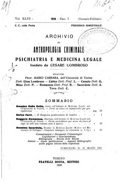 Archivio di antropologia criminale, psichiatria e medicina legale organo ufficiale della Associazione italiana di medicina legale e delle assicurazioni