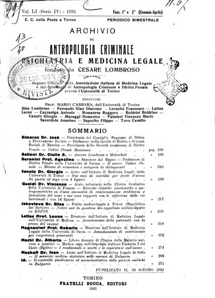 Archivio di antropologia criminale, psichiatria e medicina legale organo ufficiale della Associazione italiana di medicina legale e delle assicurazioni