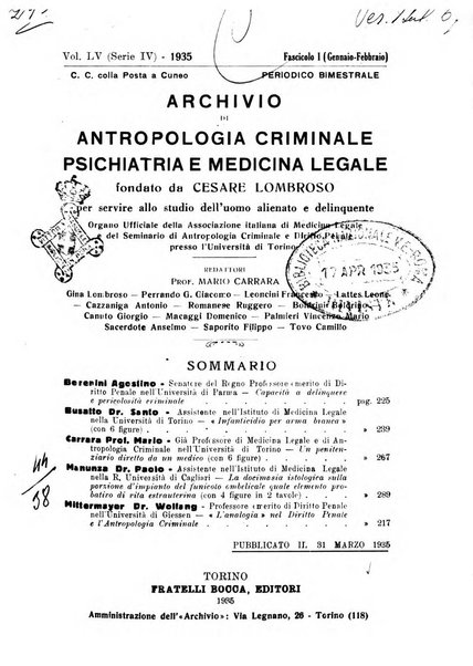 Archivio di antropologia criminale, psichiatria e medicina legale organo ufficiale della Associazione italiana di medicina legale e delle assicurazioni