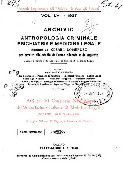 Archivio di antropologia criminale, psichiatria e medicina legale organo ufficiale della Associazione italiana di medicina legale e delle assicurazioni