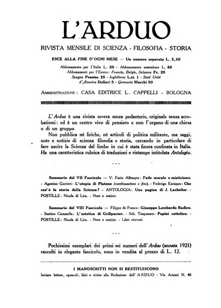 L'arduo rivista mensile di scienza, filosofia, storia