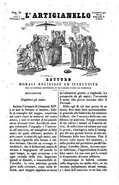 L'artigianello letture morali, religiose ed istruttive per servire alle scuole notturne di religione e alle famiglie