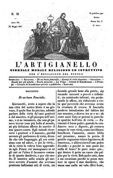 L'artigianello letture morali, religiose ed istruttive per servire alle scuole notturne di religione e alle famiglie