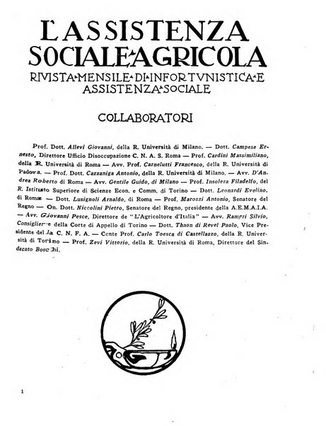 L'assistenza sociale agricola rivista mensile di infortunistica e assistenza sociale