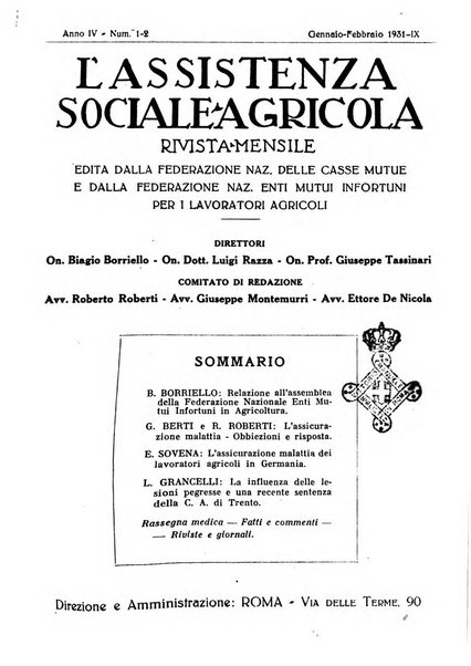 L'assistenza sociale agricola rivista mensile di infortunistica e assistenza sociale