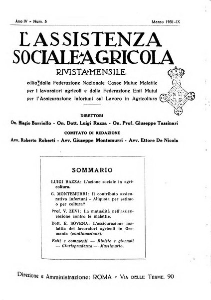 L'assistenza sociale agricola rivista mensile di infortunistica e assistenza sociale