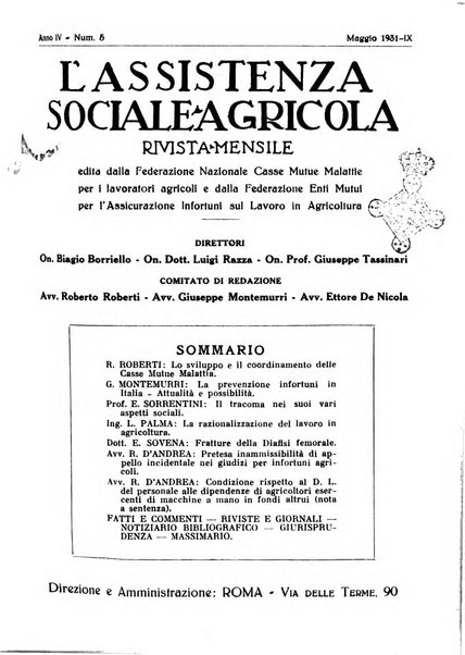 L'assistenza sociale agricola rivista mensile di infortunistica e assistenza sociale