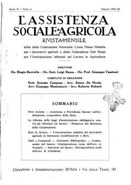 L'assistenza sociale agricola rivista mensile di infortunistica e assistenza sociale